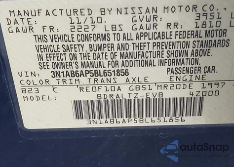 2011 Nissan Sentra 2.0S z USA, uszkodzony, nr VIN 3N1AB6AP5BL651856